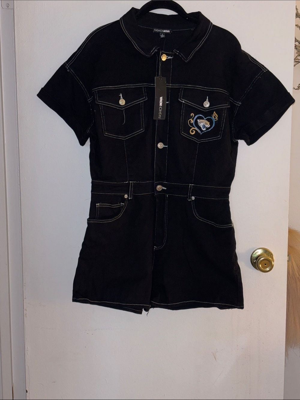 Fashion Nova Black Short Sleeve Denim Romper with Embroidered Heart Patch